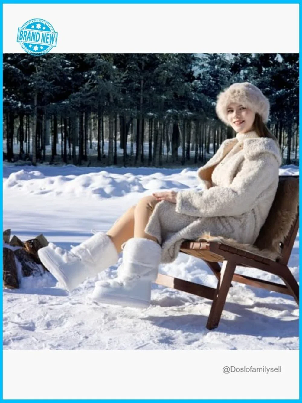 Faux Fur Snow Boots - Fluffy Fuzzy Water Resistant Mid-Calf Winter Boots Lace-Up